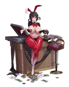 1girl absurdres animal_ear_hairband animal_ears banknote black_hair black_shrug blush bow bowtie breasts briefcase card character_doll chinese_commentary club_hair_ornament coin colored_inner_hair commander_(nikke) commentary_request diamond_brooch doll earpiece fake_animal_ears frontless_outfit full_body goddess_of_victory:_nikke gold_coin hair_between_eyes hair_ornament hairband heart_maebari high_heels highres hiphighs holding holding_card hui_z_jie large_breasts latex_shrug leggings looking_at_viewer maebari mismatched_pasties money multicolored_hair navel no_shirt official_alternate_costume parted_lips pasties playboy_bunny playing_card poker_chip poker_table rabbit_ear_hairband rabbit_ears red_bow red_bowtie red_hair red_hiphighs red_leggings reverse_bunnysuit reverse_outfit rouge_(nikke) rouge_(unlucky_rabbit)_(nikke) shadow shoes short_hair shrug_(clothing) sidelocks simple_background sitting skindentation smile solo spade_pasties stomach stool table thigh_strap two_side_up white_background white_shoes yellow_eyes