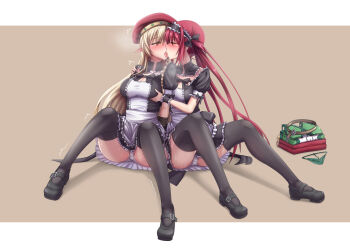2girls airi_(queen&#039;s_blade) alleyne_(queen&#039;s_blade) apron black_bow black_dress black_shoes black_thighhighs blonde_hair blush border bow brown_background closed_eyes commentary_request commission dress ear_blush elf fighting_master_alleyne folded_clothes french_kiss grabbing_another&#039;s_breast groping hair_bow hat highres kiss kkkowy0913 long_hair maid mary_janes multiple_girls panties pantyshot pixiv_commission pointy_ears queen&#039;s_blade red_hair red_hat saliva shoes simple_background sitting sweat thighhighs tongue tongue_out twintails underwear unworn_clothes upskirt white_apron white_border white_panties yuri