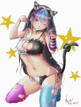 1girl asymmetrical_footwear bell black_gloves black_hair black_panties blue_footwear blue_hair blue_thighhighs bow bow_panties breasts cat_lingerie cleavage closed_mouth collar collar_bell collarbone danganronpa_(series) danganronpa_2:_goodbye_despair ear_piercing face_piercing female_focus fingerless_gloves gloves hair_horns hands_up jewelry kneeling large_breasts leg_tattoo lip_piercing long_hair mioda_69ch mioda_ibuki mismatched_footwear mismatched_thighhighs multicolored_gloves multicolored_hair multicolored_panties multicolored_underwear navel neck_bell one_eye_closed one_glove panties piercing pink_footwear pink_hair pink_thighhighs purple_gloves ring signature simple_background smile solo star_(symbol) stomach striped_clothes striped_gloves tattoo thighhighs torn_clothes torn_legwear torn_thighhighs underwear white_background white_hair white_panties wink