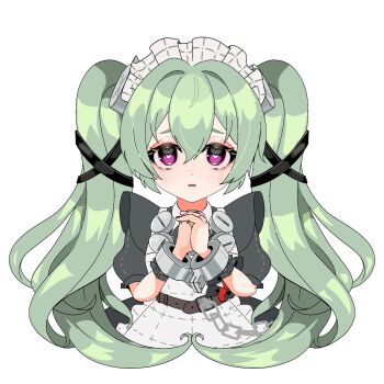 Rule 34 | 1girl, apron, black dress, chain, commentary, corin wickes, cropped torso, dress, green hair, hair between eyes, hands up, heart, heart-shaped pupils, highres, interlocked fingers, long hair, looking at viewer, maid, maid apron, maid headdress, metal wrist cuffs, open mouth, oriririo 0, own hands clasped, own hands together, palms together, purple eyes, screw hair ornament, simple background, solo, symbol-only commentary, symbol-shaped pupils, twintails, upper body, white apron, white background, zenless zone zero
