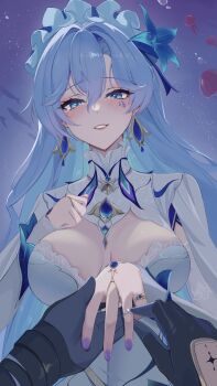 1boy 1girl absurdres black_gloves blue_eyes blue_flower breasts cantarella_(wuthering_waves) commentary_request commission earrings fingernails flower gloves hair_between_eyes hair_flower hair_ornament headdress highres jellyfish jewelry large_breasts looking_at_viewer male_rover_(wuthering_waves) mark_under_eye marriage_proposal mole mole_under_eye nail_polish parted_lips partial_commentary pov pov_hands purple_hair purple_nails ring rover_(wuthering_waves) shrug_(clothing) smile tacet_mark_(wuthering_waves) tearing_up tumugi_sunohara upper_body white_shrug wuthering_waves