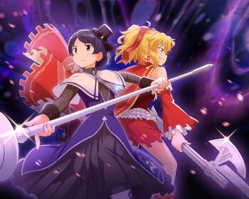 2girls ahoge artist_request back-to-back bare_shoulders black_bow black_hair black_hat black_wrist_cuffs blonde_hair blue_dress bow cape capelet closed_mouth collared_cape collared_dress cowboy_shot detached_sleeves determined dress earrings elisa_celjska fighting_stance floating_cape floating_clothes frilled_shirt frills frown game_asset grey_eyes grey_shirt grin hair_bow hair_bun happy hat hat_bow high_collar holding holding_polearm holding_weapon jewelry lace-trimmed_bow lace_trim layered_dress light_blush light_particles long_dress long_sleeves magia_record:_mahou_shoujo_madoka_magica_gaiden magical_girl mahou_shoujo_madoka_magica mahou_shoujo_tart_magica melissa_de_vignolles mini_hat mini_top_hat miniskirt mole mole_under_eye multiple_girls necktie official_art polearm ponytail purple_background purple_necktie red_bow red_cape red_shirt red_skirt red_sleeves shirt short_hair short_ponytail single_hair_bun skirt smile top_hat v-shaped_eyebrows weapon white_capelet wrist_cuffs yellow_eyes