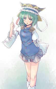 1girl asymmetrical_clothes black_skirt blue_vest buttons commentary_request epaulettes feet_out_of_frame frilled_hat frills gradient_background green_background green_eyes green_hair hand_up hat index_finger_raised juliet_sleeves knees leg_warmers light_blush long_sleeves medium_hair miniskirt one-hour_drawing_challenge open_mouth pointing pointing_up puffy_sleeves rangycrow red_ribbon ribbon shiki_eiki shirt sideways_glance skirt solo touhou vest white_ribbon white_shirt