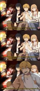 1girl 2boys 3koma black_hair black_jacket blonde_hair blood blood_on_clothes blurry braid brown_pants cardigan chainsaw chainsaw_man collared_shirt comic cosiecottage crossed_legs denji_(chainsaw_man) english_text fairouz_ai hair_between_eyes hayakawa_aki highres interview jacket long_hair looking_at_another looking_at_viewer motion_blur multiple_boys open_mouth pants power_(chainsaw_man) sharp_teeth shirt shirt_tucked_in short_hair sitting subtitled teeth toya_kikunosuke twin_braids twitter_username two-tone_shirt white_cardigan white_shirt