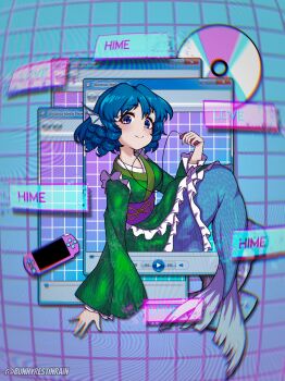 1girl absurdres artist_name blue_eyes blue_hair cd chromatic_aberration digital_media_player dress earbuds earphones green_dress grid_background handheld_game_console highres ipod ipod_nano microsoft_windows playstation_vita sleepymoon solo touhou vaporwave wakasagihime window_(computing) windows_7 windows_media_player