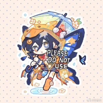 Rule 34 | 1girl, black hair, blue butterfly, bug, butterfly, chibi, chibi only, chinese commentary, commentary request, duck hood, holding, holding umbrella, insect, original, raincoat, see-through clothes, see-through raincoat, thurim6, umbrella, yellow raincoat