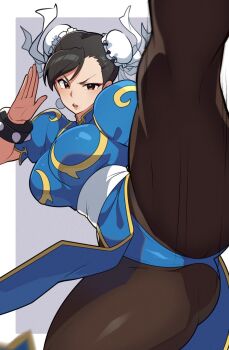 Rule 34 | 1girl, black hair, blue dress, bracelet, breasts, brown eyes, brown pantyhose, capcom, china dress, chinese clothes, chun-li, commentary request, double bun, dress, earrings, fighting stance, hair bun, jewelry, large breasts, looking at viewer, mituyota 76, open mouth, pantyhose, puffy short sleeves, puffy sleeves, short hair, short sleeves, solo, spiked bracelet, spikes, street fighter