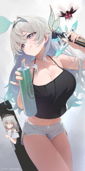1girl absurdres alternate_costume berserker_r black_vest breasts chinese_commentary cleavage commentary_request firefly_(honkai:_star_rail) gradient_eyes green_hair grey_hair hair_between_eyes highres honkai:_star_rail honkai_(series) large_breasts licking_lips long_hair multicolored_eyes panties purple_eyes shorts solo stelle_(honkai:_star_rail) tongue tongue_out trailblazer_(honkai:_star_rail) underwear vest white_panties yellow_eyes