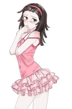 Rule 34 | 1girl, averting eyes, bare shoulders, blush, breasts, brown eyes, brown hair, camisole, covered mouth, covering own mouth, embarrassed, flirty nadeko, forehead, frilled skirt, frills, from side, hairband, hand over own mouth, hand up, highres, looking to the side, maeyakara000, medium hair, monogatari (series), nervous, off shoulder, pink camisole, pink hairband, sengoku nadeko, shy, single off shoulder, skirt, small breasts, smile, solo, spaghetti strap, strap slip