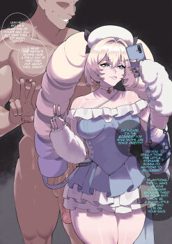 1boy 1girl absurdres blonde_hair blue_dress blue_eyes choker clothed_female_nude_male dark_skin dress drill_hair english_text goddess_of_victory:_nikke guttsuko hat hetero highres holding holding_phone jewelry long_hair nude phone ring speech_bubble twin_drills v white_choker white_hat yoyo_(nikke)