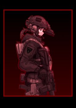 1girl ar-15 assault_rifle belt black_border black_gloves black_hair black_helmet black_jacket border bulletproof_vest closed_mouth combat_helmet dark_background ear_protection from_side gloves gun handgun headset helmet highres holding holding_gun holding_weapon holster hood hood_down hooded_jacket jacket long_sleeves military_combat_uniform military_uniform night_vision_device original outline ponytail red_eyes red_outline red_theme rennn_(ilobeste) rifle sig_sauer sig_sauer_p320 solo upper_body weapon