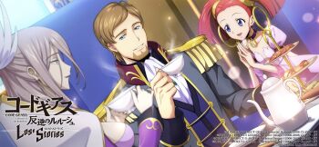 1boy 2girls blue_eyes breasts code code_geass code_geass:_lost_stories guinevere_de_britannia highres large_breasts long_hair multiple_girls official_art red_hair sideboob twintails