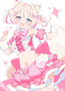 Rule 34 | 1girl, :d, animal ear fluff, animal ears, bare shoulders, blonde hair, blue eyes, blush, bow, bowtie, commentary request, cowboy shot, crop top, cropped shirt, detached sleeves, dog ears, dog girl, dog tail, hair intakes, hair ornament, hands up, highres, hinata hirune, hololive, hololive english, looking at viewer, midriff, mococo abyssgard, multicolored hair, navel, open mouth, pink bow, pink bowtie, pink hair, pink shirt, pink skirt, pink sleeves, shirt, short hair, short sleeves, simple background, skirt, sleeveless, sleeveless shirt, smile, solo, sparkle, streaked hair, tail, two-tone hair, two side up, virtual youtuber, white background, white wrist cuffs, wrist cuffs, x hair ornament