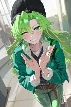 1girl ;d absurdres alternate_costume beanie belt black_hat black_sweater bleach bleach:_sennen_kessen-hen blush brown_belt candice_catnipp casual collarbone commentary day eyelashes foot_out_of_frame foreshortening fur-trimmed_jacket fur-trimmed_sleeves fur_trim green_eyes green_hair green_jacket green_pants grin hair_between_eyes hands_up happy hat highres jacket long_hair long_sleeves looking_at_viewer one_eye_closed open_clothes open_jacket open_mouth outdoors pants smile solo standing sweater v-shaped_eyebrows wavy_hair westgon winter_clothes