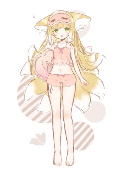 1girl absurdres animal_ear_fluff animal_ears arknights barefoot blonde_hair bow_camisole bow_shorts camisole commentary_request eye_mask feet fox_ears fox_girl fox_tail full_body green_eyes heart heart-shaped_pillow highres legs long_hair mask material_growth midriff multiple_tails navel oripathy_lesion_(arknights) pillow pink_camisole pink_shorts short_shorts shorts sleepwear smile solo standing suzuiro_(chocolatte) suzuran_(arknights) tail thighs toes