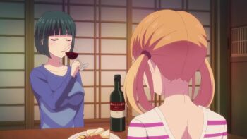 2girls animated bra clothes_lift laughing megami_no_kafeterasu multiple_girls ono_shiragiku orange_hair shirt_lift tagme tsukishima_riho underwear video