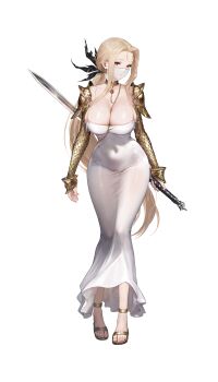 Rule 34 | 1girl, armor, blonde hair, bracelet, breasts, brown dust (series), brown dust 2, chain, cleavage, covered navel, curtained hair, dress, full body, gem, gold armor, gold bracelet, gold chain, gold choker, highres, holding, holding behind back, holding sword, holding sword behind back, holding weapon, holding weapon behind back, jewelry, long hair, looking at viewer, official art, olivier (brown dust), pauldrons, pendant choker, ponytail, red eyes, red gem, sandals, scale armor, second-party source, shoulder armor, solo, standing, sword, taut clothes, taut dress, transparent background, very long hair, weapon