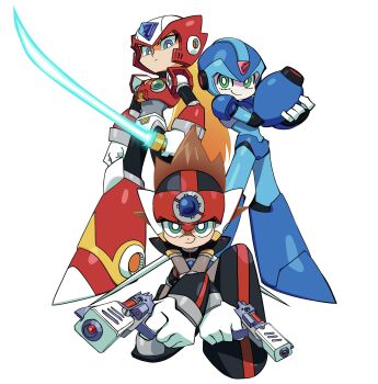 Rule 34 | 3boys, arm cannon, armor, armored boots, axl (mega man), black armor, black helmet, blonde hair, blue armor, blue eyes, blue gemstone, blue helmet, boots, brown hair, energy sword, gem, gloves, green eyes, gun, handgun, headphones, helmet, highres, holding, holding gun, holding own arm, holding sword, holding weapon, jeweled helmet, knee boots, knee pads, looking at viewer, looking down, male focus, mechanical boots, mega man (series), mega man x (series), multiple boys, nanhui aria, panty &amp; stocking with garterbelt, plate armor, red armor, red gemstone, red helmet, serious, shoulder armor, simple background, smile, sword, weapon, white background, white gloves, x (mega man), zero (mega man)