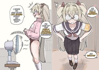 1girl blonde_hair buruma coke-bottle_glasses dual_persona english_text glasses highres long_hair multicolored_hair phase_connect pleated_skirt rinkou_ashelia rinkou_ashelia_(lia_2.0) school_uniform serafuku skirt streaked_hair sweat twintails zlix0n
