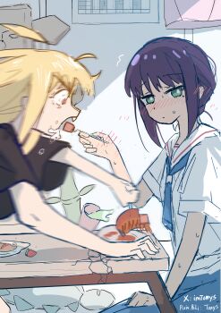 2girls absurdres ahoge averting_eyes black_hair black_shirt blonde_hair blush cho_kaguya-hime! commentary_request crack drooling fang feeding green_eyes highres kaguya_(cho_kaguya-hime!) messy_hair mole mole_under_eye multiple_girls open_mouth plate sailor_collar sakayori_iroha shirt short_sleeves sitting sweat t0nys table twitter_username white_shirt yuri