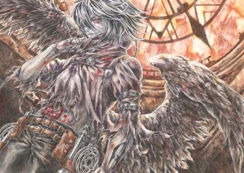 1boy android black_hair blood blood_stain clock clock_tower colored_skin ender_lilies_quietus_of_the_knights ender_magnolia_bloom_in_the_mist expressionless feathered_wings grey_skin gun handgun looking_to_the_side nanai_yuki painting_(medium) red_eyes solo torn_clothes tower traditional_media watercolor_(medium) weapon wings yolvan_(ender_magnolia)