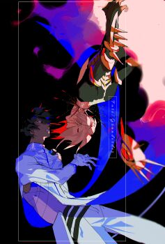 2boys absurdres arjuna_(fate) azisaiharumaki56 black_hair commentary_request copyright_name dark-skinned_male dark_skin fate/grand_order fate_(series) gloves highres inset_border karna_(fate) looking_at_another male_focus multiple_boys pants upside-down white_gloves white_hair white_pants