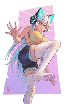 1girl absurdres animal_ear_headphones animal_ears black_shorts boutsoftheblind breasts cat_ear_headphones cat_ears fake_animal_ears headphones highres indie_virtual_youtuber large_breasts looking_at_viewer open_mouth shirt shorts sleeveless sleeveless_shirt solo thighhighs virtual_youtuber white_thighhighs yellow_eyes yellow_shirt zentreya zentreya_(cyborg)