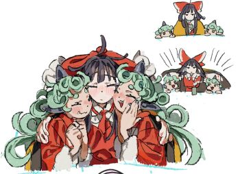 3girls :3 adapted_costume ahoge ascot black_hair blanket blush bow clenched_hands clone closed_eyes cloud_print collar commentary_request covering_with_blanket cup curly_hair dot_nose double-parted_bangs fang frilled_bow frills green_hair grin hakurei_reimu hand_on_own_cheek hand_on_own_face hands_on_table holding holding_cup horns hug jitome komainu_ears komano_aunn light_blush long_hair long_sleeves looking_up multiple_girls ndasuzu_(n64qd11) notice_lines puffy_sleeve_cuffs red_ascot red_shirt ribbon-trimmed_sleeves ribbon_trim shared_blanket shirt simple_background single_horn smile teeth touhou under_covers upper_body upper_teeth_only wearing_blanket white_background white_collar white_sleeves yellow_blanket yunomi