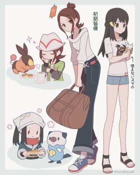 2girls 343rone absurdres akari_(pokemon) arc_phone bag bare_shoulders belt black_hair blue_pants blue_shorts breasts brown_eyes brown_hair bulletproof_vest closed_eyes closed_mouth coffee coffee_mug cup denim food galaxy_expedition_team_survey_corps_uniform gen_5_pokemon green_jacket grey_eyes hair_bun harmony_(pokemon) hat headscarf highres holding jacket long_hair long_sleeves mug multiple_girls nintendo off-shoulder_sweater off_shoulder open_clothes open_jacket oshawott pants plate pokemon pokemon_(creature) pokemon_legends:_arceus pokemon_legends:_z-a red_scarf sandals saucer scarf shirt shoes short_hair shorts sidelocks socks striped_hat sweater tepig white_hat white_headscarf white_shirt white_socks white_sweater