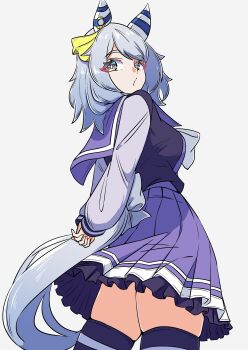 1girl absurdres akkunz animal_ears bow bowtie breasts brown_eyes commentary_request ear_covers ear_ribbon grey_hair highres hishi_miracle_(umamusume) horse_ears horse_girl horse_tail long_sleeves medium_breasts medium_hair open_mouth pleated_skirt purple_sailor_collar purple_serafuku purple_shirt purple_skirt purple_thighhighs sailor_collar sailor_shirt school_uniform serafuku shirt simple_background skirt solo tail thighhighs tracen_school_uniform umamusume white_bow white_bowtie zettai_ryouiki