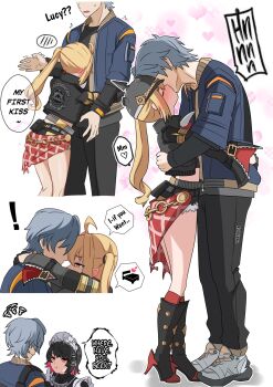 ! 1boy 2girls ahoge black_hair blush boots ellen_joe english_text grey_hair hat height_difference hetero high_heels highres hug jealous kiss kulojawa luciana_de_montefio maid_headdress multiple_girls nervous_sweating petite shoes shorts size_difference sneakers speech_bubble sweat tall_male white_background wise_(zenless_zone_zero) zenless_zone_zero