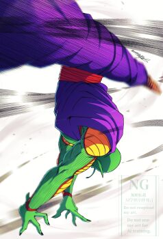 1boy absurdres antennae bald colored_skin dragon_ball dragonball_z green_skin grey_background handstand highres kazehare_1216 male_focus motion_lines pants piccolo purple_pants purple_shirt red_sash sash shirt simple_background solo speed_lines