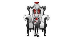 Rule 34 | 1girl, armchair, ascot, bang dream!, bang dream! it&#039;s mygo!!!!!, capelet, chair, full body, greyscale, hands on lap, hat, long hair, monochrome, red hat, red shorts, shoes, shorts, sigangsan, simple background, sitting, skirt, solo, spot color, thighhighs, wakaba mutsumi, white background