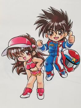 1boy 1girl blue_jumpsuit boots breasts brown_eyes brown_hair chibi chibi_only clothes_writing commentary_request crop_top full_body future_gpx_cyber_formula hand_on_own_hip hand_on_own_thigh heart helmet highres jumpsuit kazami_hayato kokomahi leaning_forward long_hair looking_at_viewer male_focus midriff miniskirt motorcycle_helmet navel one_eye_closed open_mouth pink_boots pink_shirt pink_skirt race_queen racing_suit shirt shoes short_hair side_slit simple_background skirt sleeveless sleeveless_shirt smile sneakers spiked_hair standing sugou_asuka teeth thumbs_up traditional_media upper_teeth_only visor_cap white_background