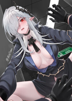 1boy 1girl arknights ascot black_dress black_gloves breasts center_opening doctor_(arknights) dress girl_on_top gladiia_(arknights) gladiia_(i_am_the_tides)_(arknights) gloves grey_hair hair_over_one_eye highres holding long_hair looking_at_viewer medium_breasts mildt multiple_girls navel pointy_ears red_eyes shirt simple_background solo_focus very_long_hair white_background white_hair