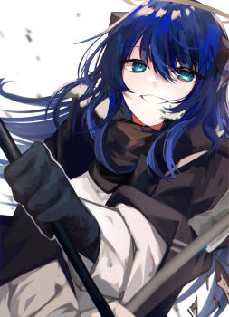 Rule 34 | 1girl, :d, arknights, black coat, black gloves, blue eyes, blue hair, coat, commentary request, gloves, gomago magoma, grin, halo, highres, holding, holding staff, horns, jacket, long hair, long sleeves, looking at viewer, mostima (arknights), open mouth, simple background, smile, solo, staff, teeth, upper body, white background, white jacket