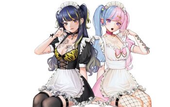 10_plus 2girls animal_print apron artist_name bandaid bandaid_hair_ornament black_bow black_choker black_dress black_hair black_nails black_thighhighs blonde_hair blue_dress blue_hair blush bow bra breasts butterfly_tattoo chest_tattoo choker cleavage closed_mouth collar commentary corset_piercing cross dragon_tattoo dress ear_piercing earrings face_piercing feet_out_of_frame fingernails fishnet_thighhighs fishnets frilled_apron frilled_dress frills hair_ornament hand_up highres jewelry lips long_fingernails long_hair looking_at_viewer maid maid_apron maid_headdress medium_breasts mouth_piercing multicolored_hair multiple_girls multiple_rings nail_polish open_mouth original piercing pink_bow pink_collar pink_dress pink_hair pink_nails pointing pointing_at_self print_bra puffy_short_sleeves puffy_sleeves purple_eyes ring short_sleeves simple_background sitting smile streaked_hair tattoo teeth thighhighs tiger_print tiger_tattoo twintails twitter_username two-tone_dress two-tone_hair two_side_up underwear upper_teeth_only waist_apron white_apron white_background yellow_bra yellow_eyes