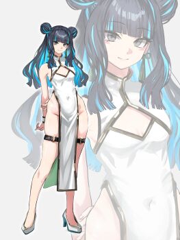 1girl absurdres bare_shoulders black_hair blue_hair breasts china_dress chinese_clothes colored_inner_hair commentary_request covered_navel double_bun dress earrings eyeliner fate/grand_order fate_(series) full_body gold_trim grey_eyes hair_bun high_heels highres jewelry long_hair looking_at_viewer makeup multicolored_hair pelvic_curtain shibao_aoyama sidelocks small_breasts smile tassel tassel_earrings tenochtitlan_(fate) thigh_strap white_dress wrist_cuffs zoom_layer