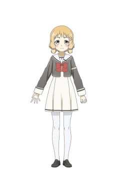 Rule 34 | 1girl, black shirt, black shoes, blonde hair, bow, bowtie, closed mouth, dress, flower, full body, grey eyes, hair flower, hair ornament, inubouzaki itsuki, loafers, long sleeves, looking at viewer, official art, pantyhose, pleated dress, red bow, red bowtie, sailor collar, sanshuu middle school uniform, school uniform, second-party source, shirt, shoes, short dress, short hair, sidelocks, simple background, smile, solo, standing, tachi-e, transparent background, white dress, white pantyhose, yellow flower, yuuki yuuna wa yuusha de aru, yuusha de aru