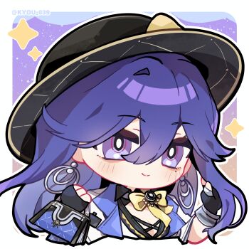 1girl bag black_gloves black_hat border breasts chibi chibi_only chinese_commentary cleavage closed_mouth commentary_request earrings gloves gradient_background hair_between_eyes hand_up handbag hat highres holding holding_bag hoop_earrings jacket jewelry kyou_039 long_hair looking_at_viewer lucilla_(wuthering_waves) medium_breasts orange_background purple_background purple_bag purple_eyes purple_hair smile solo twitter_username white_border white_jacket wuthering_waves