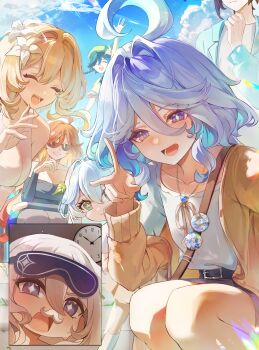 2boys 5girls absurdres alternate_costume blonde_hair blue_eyes blue_hair blue_sky bright_pupils casual cloud cross-shaped_pupils dasha drop-shaped_pupils furina_(genshin_impact) genshin_impact green_eyes grey_hair hair_between_eyes highres jacket long_hair long_sleeves lumine_(genshin_impact) mavuika_(genshin_impact) mismatched_pupils multiple_boys multiple_girls nahida_(genshin_impact) open_clothes open_jacket open_mouth outdoors paimon_(genshin_impact) red_hair shirt sky smile sunglasses symbol-shaped_pupils venti_(genshin_impact) white_pupils white_shirt zhongli_(genshin_impact)
