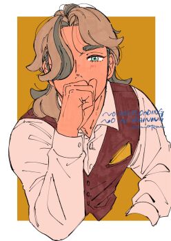 1boy arm_up arven_(pokemon) blue_eyes border brown_hair brown_vest collared_shirt commentary_request cropped_torso enu_atsnc hair_over_one_eye highres long_hair long_sleeves looking_at_viewer male_focus multicolored_hair nintendo one_eye_covered open_collar parted_hair pokemon pokemon_sv shirt solo streaked_hair vest watermark white_border white_shirt