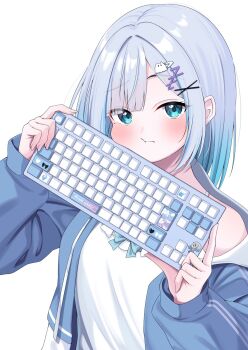 1girl :t blue_eyes blue_hair blue_jacket blush camisole cheek_press closed_mouth computer_keyboard dot_nose drawstring gradient_hair grey_hair hair_ornament hairclip highres holding_computer_keyboard hood hood_down hooded_jacket jacket kaga_sumire kaga_sumire_(6th_costume) lupinus_virtual_games medium_hair multicolored_hair off_shoulder open_clothes open_jacket parted_bangs sidelocks simple_background solo striped_clothes striped_jacket syurimp upper_body virtual_youtuber vspo! white_background white_camisole x_hair_ornament zzz