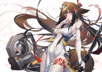 1girl absurdres armlet bare_shoulders breasts brown_hair brown_tail china_dress chinese_clothes clover clover_hair_ornament commentary_request cowboy_shot dress droopy_ears e_buki falling_petals hair_ornament hairband hand_on_own_chin head_tilt highres holding holding_sword holding_weapon jewelry leg_tattoo long_hair looking_at_viewer medium_breasts metal_bracelet parted_lips petals red_eyes see-through_clothes sheath silver_armlet solo sword tail tattoo weapon white_background white_dress white_hairband ye_shunguang zenless_zone_zero