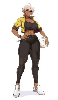 1girl abs absurdres ahoge airisubaka artist_name ball black_pants blonde_hair breasts collarbone commentary cropped_jacket dark-skinned_female dark_skin full_body hair_between_eyes hand_on_own_hip highres holding holding_ball jacket large_breasts leona_(airisubaka) looking_at_viewer midriff muscular muscular_female navel open_clothes open_jacket original pants purple_eyes shoes short_hair signature simple_background smile solo standing symbol-only_commentary volleyball_(object) watch white_background white_shoes wristband wristwatch yellow_jacket