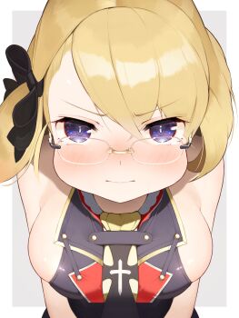 1girl azur_lane black_bow black_necktie black_shirt blonde_hair blush border bow breasts closed_mouth commentary_request from_above glasses grey_background hair_bow highres large_breasts looking_at_viewer necktie pout puffy_cheeks purple_eyes rimless_eyewear shirt sideboob simple_background sleeveless sleeveless_shirt solo upper_body v-shaped_eyebrows white_border yohia z23_(azur_lane) z23_(philosophy_sensei)_(azur_lane)