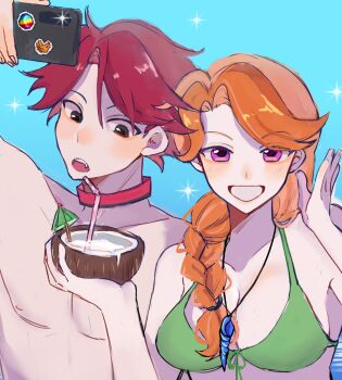 1boy 1girl bikini blue_background braid breasts brown_eyes cellphone cleavage coconut commentary_request drinking_straw fang highres holding holding_phone large_breasts leah_(stardew_valley) long_hair muscular muscular_male official_alternate_costume orange_hair phone pink_eyes player_character_(stardew_valley) red_hair shinning-sky simple_background smartphone stardew_valley swimsuit topless_male