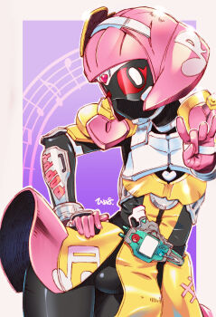 Rule 34 | 1girl, black bodysuit, black eyes, bodysuit, bodysuit under clothes, bright pupils, choker, colored sclera, dress, gloves, hairband, hand on own hip, heart, highres, himehachi (hime8manga), kamen rider, kamen rider ex-aid (series), kamen rider poppy, one eye closed, pink gloves, pink hair, poppi pipopapo, red sclera, short hair, solo, white choker, white hairband, white pupils, yellow dress