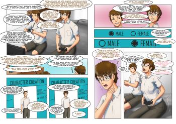 absurdres bed blouse breast_expansion breasts controller english_text game_controller genderswap genderswap_(mtf) highres original rait_visual_works screen self-upload shirt transformation white_shirt