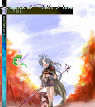 animal_ear_fluff animal_ears animal_hands ankle_socks antenna_hair aqua_hair archived_source armor artist_name autumn bandaged_arm bandages black_choker black_collar black_shirt blue_sky brown_cape brown_gloves brown_hair brown_ribbon cape character_request choker collar completely_nude english_text fantasy fingerless_gloves flying forest gauntlets gloves green_hair grey_socks hair_ribbon holding holding_staff light_particles long_hair midriff mute_(nymph_club) nature nude nymph nymphclub official_art orange_ribbon outdoors paw_gloves pencil_skirt popury purple_armor purple_skirt purple_wings red_armor ribbon shirt shoes shorts shorts_under_skirt signature single_fingerless_glove single_gauntlet single_shoulder_pad skirt sky socks staff straight_hair turtleneck very_long_hair watermark web_address wings yellow_shoes